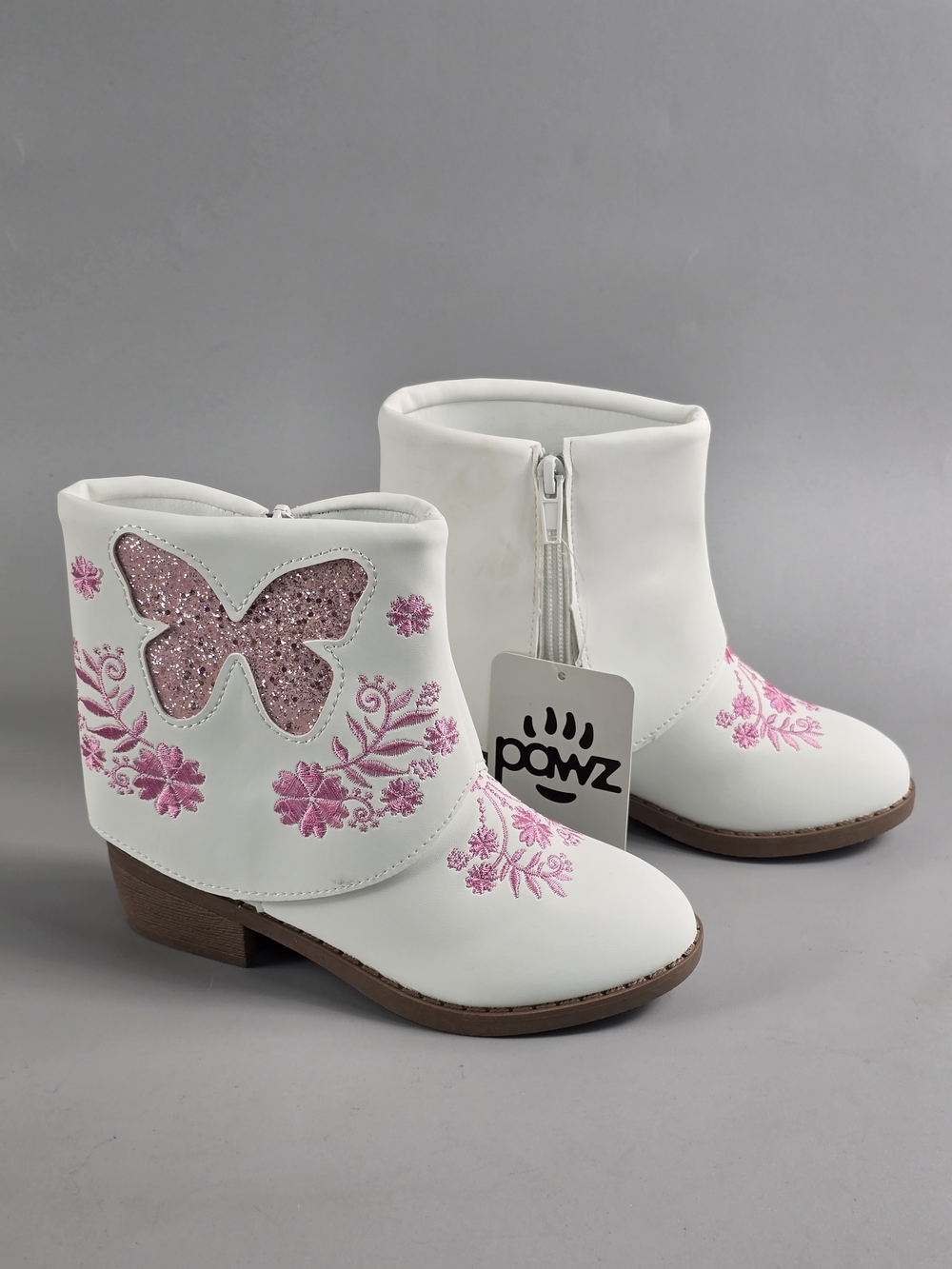 PAWZ White Boots with Pink Glitter Butterfly and Floral Embroidery Size 12